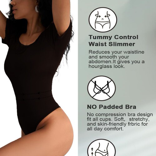 Cross-border lady round neck short sleeve one-piece tight bodysuit basic T-shirt top G-string panty full-body shaping buttock-lifting
