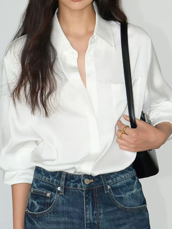 NEVA HU 高级感缎面长袖衬衫女新款宽松气质衬衣设计感小众上衣|undefined