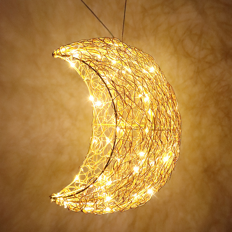 Golden Moon Pendant Lamp Hand-Woven Metal Aluminum Flame-Retardant Lampshade Restaurant Homestay Bedroom Shop Decoration