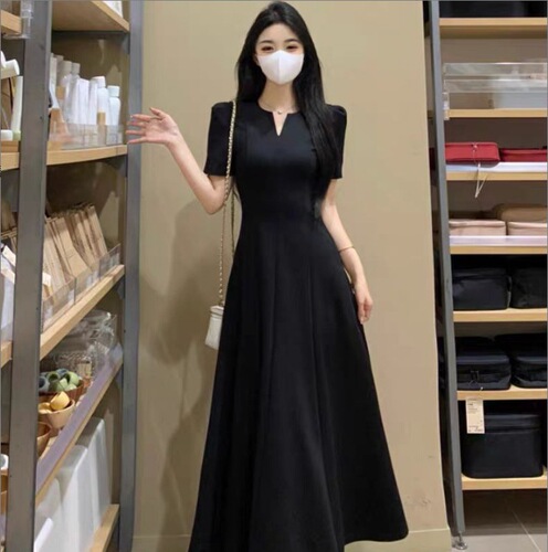 Women's 2025 Summer Tea Party Short Sleeve Skirted Dress with Waist Cincher, Fat Mm Cover Stomach Slimming Elegant Audrey Hepburn Style Long Skirt