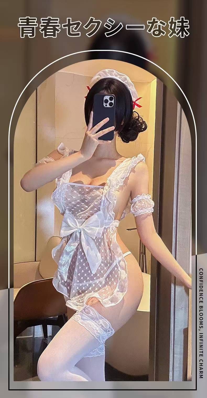 Maid Lingerie Costume Set with Lace Bow Detail and Pink Stockings — detail image 2
