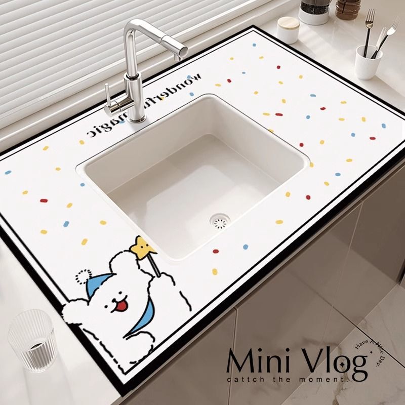 Bathroom Sink Countertop Drain Pad Puppy Bathroom Sink Absorbent Quick-Drying Anti-Slip Pad Cartoon Pattern Bathroom Sink Countertop Drain Pad Puppy Bathroom Sink Absorbent Quick-Drying Anti-Slip Pad Cartoon Pattern