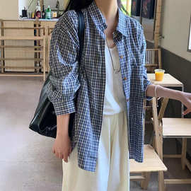 小众韩系格子衬衫女春秋新款百搭宽松慵懒风上衣外搭格纹衬衣外套