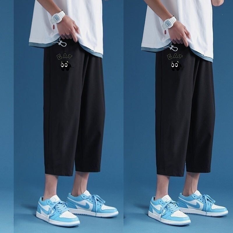 Men's summer ice silk cropped pants, large size, trendy brand, loose fit, thin casual sports shorts, straight-leg, sporty and stylish