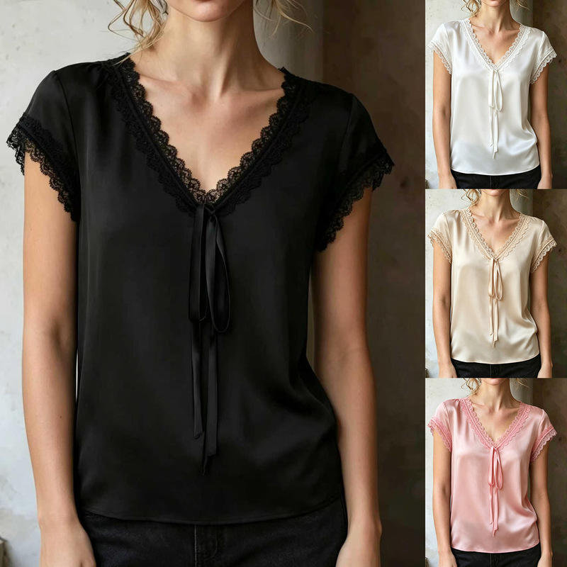 2026 Amazon European and American Women's Fashion eBay New Arrival Satin Lace Trim Tie Short Sleeve V-Neck Women's Blouse