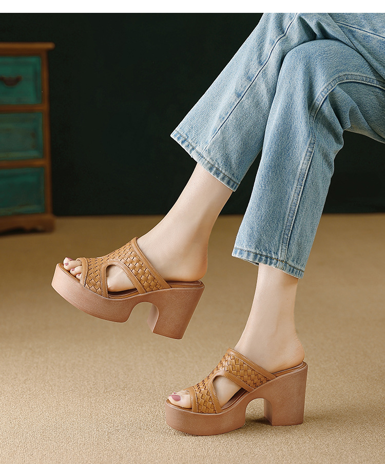 Sandal cao gót nữ đế platform đan chéo da thật gót 9 cm hở mũi — màu nâu, màu đen chi tiết 5
