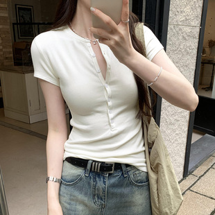 Real picture hot girl temperament short sleeve shoulder T-shirt women's summer 2024 new explosion half open collar slim slim top