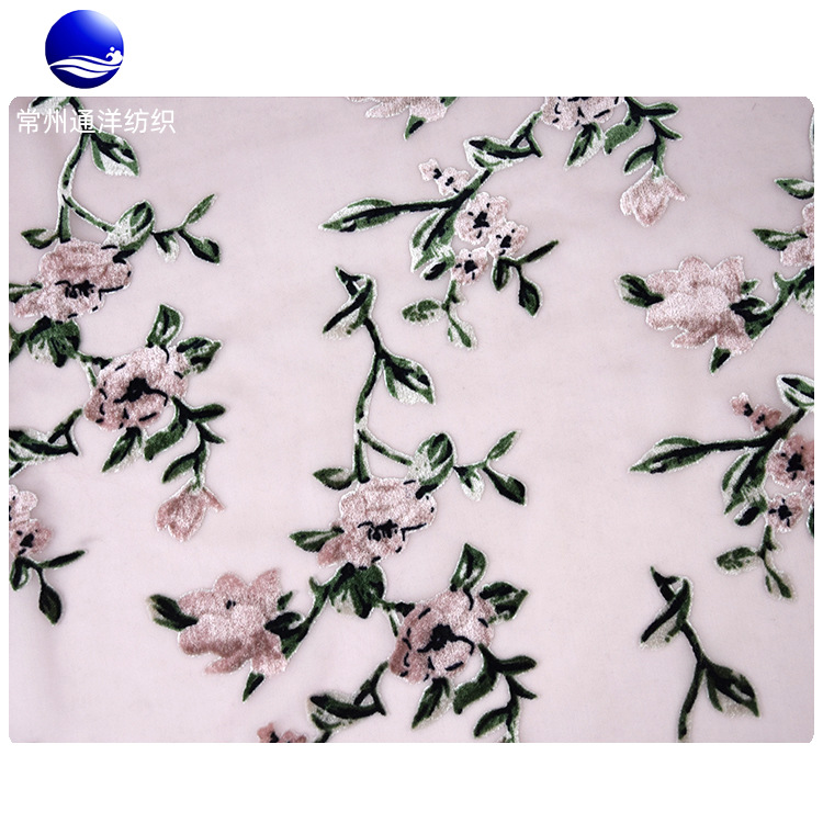 厂家直供 用于连衣裙围巾的烧花绒布 豹纹花朵印花染色烧花绒布