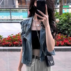 香港スタイルのレトロなデニムベストショートコート女性のための 2025 新しい夏のチョッキルーズレトロスリムノースリーブトップ