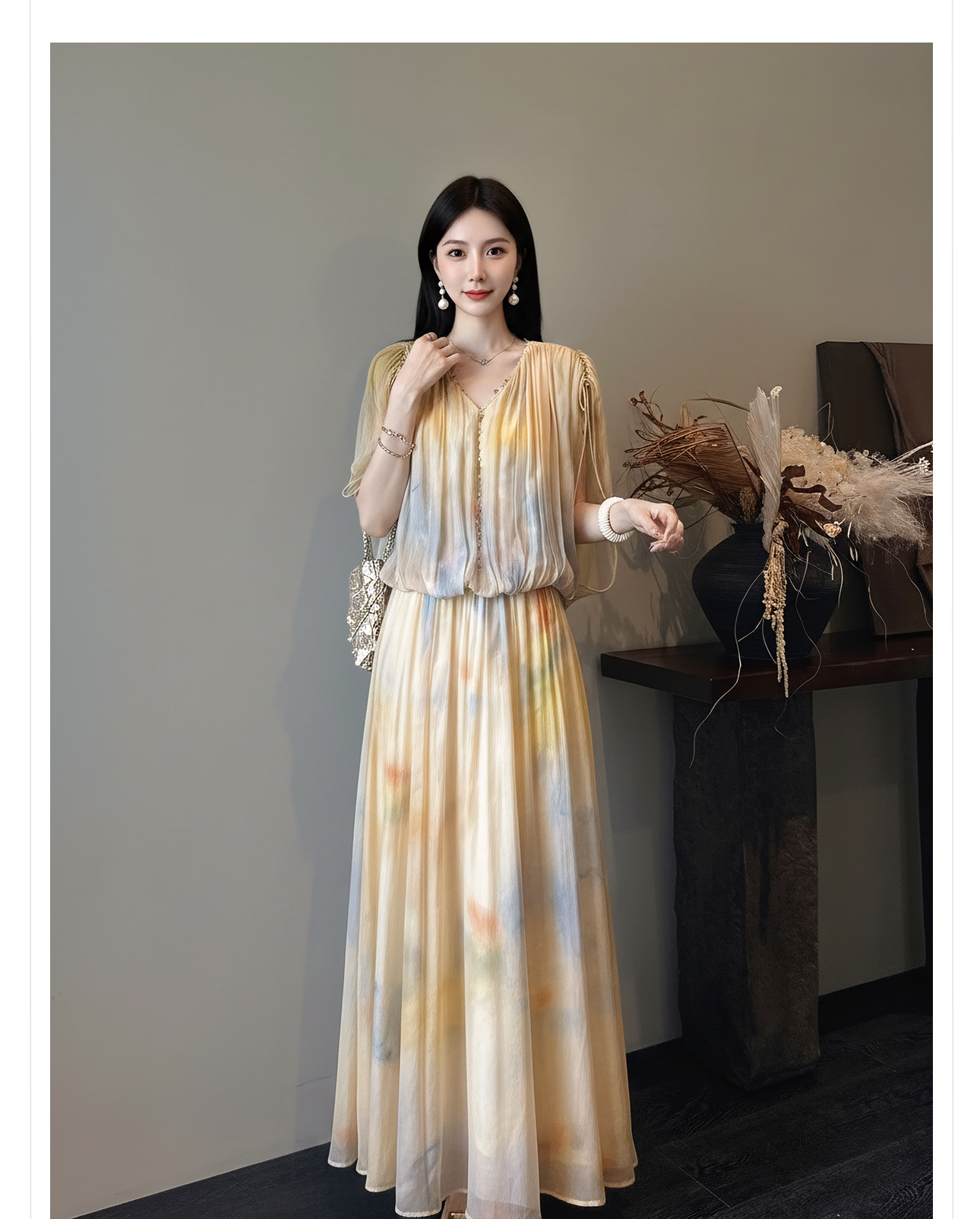 Đầm maxi nữ thắt eo họa tiết chìm gradient cao cấp — Gạo màu chi tiết 3