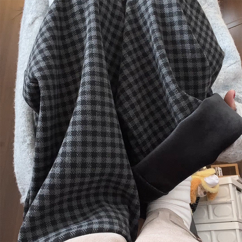 日系慵懒风棋盘格复古休闲裤女毛呢加绒秋冬季高腰阔腿裤外贸批发|undefined