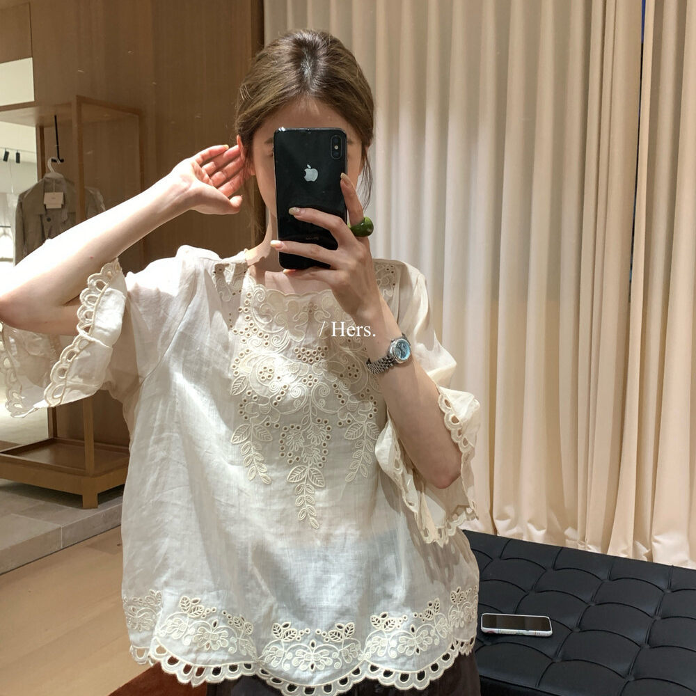 Áo sơ mi tay ngắn nữ ren hở lưng phong cách Pháp — Xanh da trờicolor, màu mơ