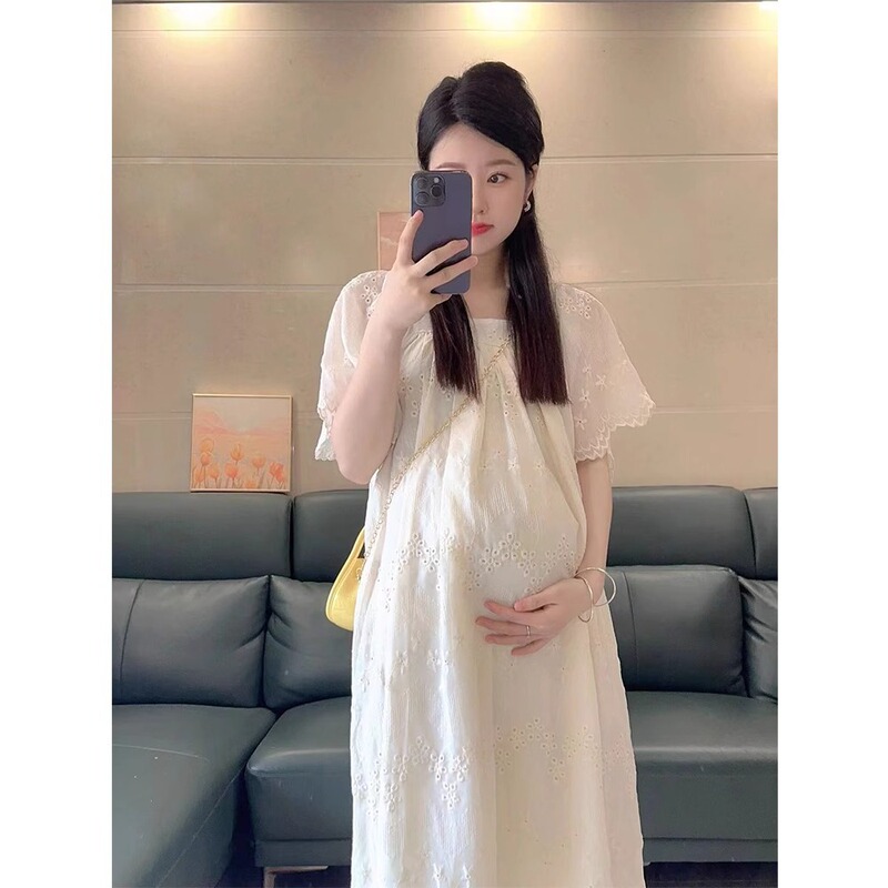Maternity Wear Summer Petite High-End Dress 2025 New French Over-The-Knee Long Skirt Loose Large Size Skirt