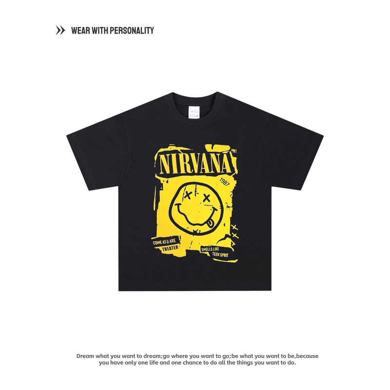 Ins High Street Nirvana American Off-Shoulder Heavy Loose Rock Five-Quarter Sleeve Oversize Short-Sleeved T-Shirt