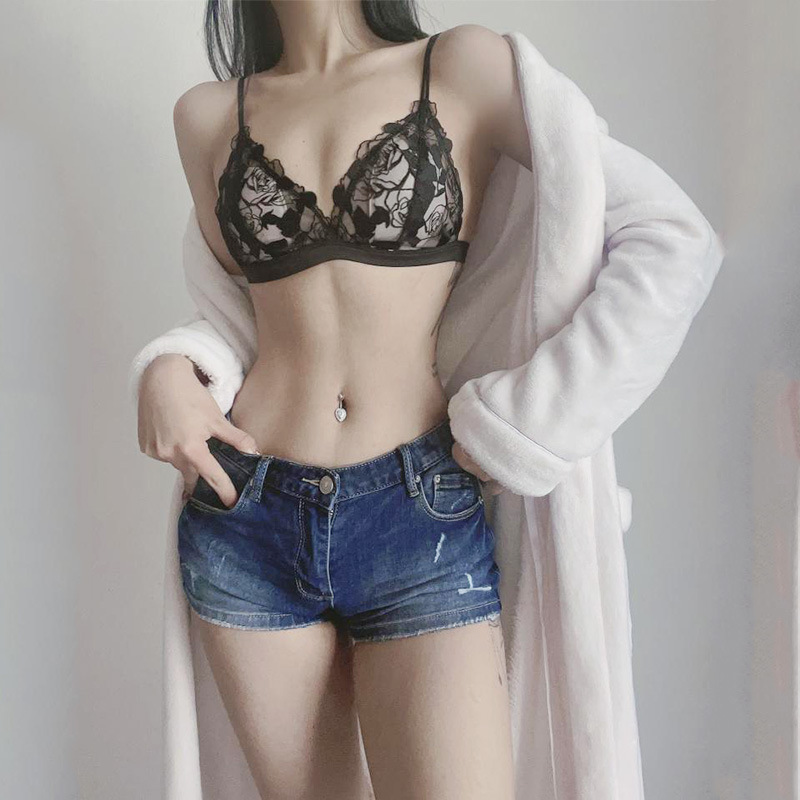 French triangle rose embroidery sexy rose French rabbit ear underwear European and American lace ultra-thin bra for women