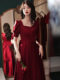 Satin toast dress bride 2024 new spring and autumn wedding engagement evening dress female host wine red square collar