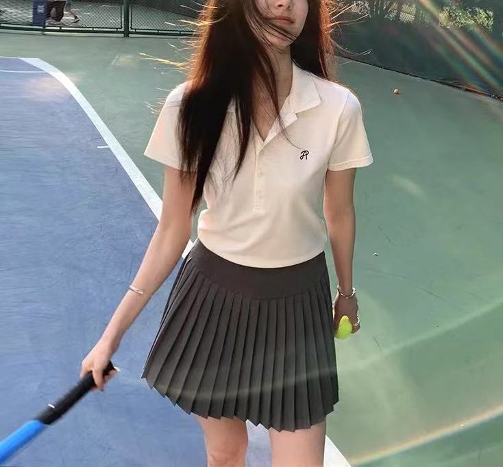 2025春夏休闲运动套装女户外跑步网球裙短袖polo衫百褶裙两件套|undefined