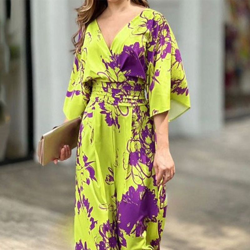 Mono elegante de manga murciélago con estampado holgado y cintura alta para mujer, nueva colección primavera-verano 2025 de comercio exterior transfronterizo.