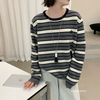复古撞色小刺绣圆领套头毛衣女秋冬款软糯宽松厚实针织衫上衣E84