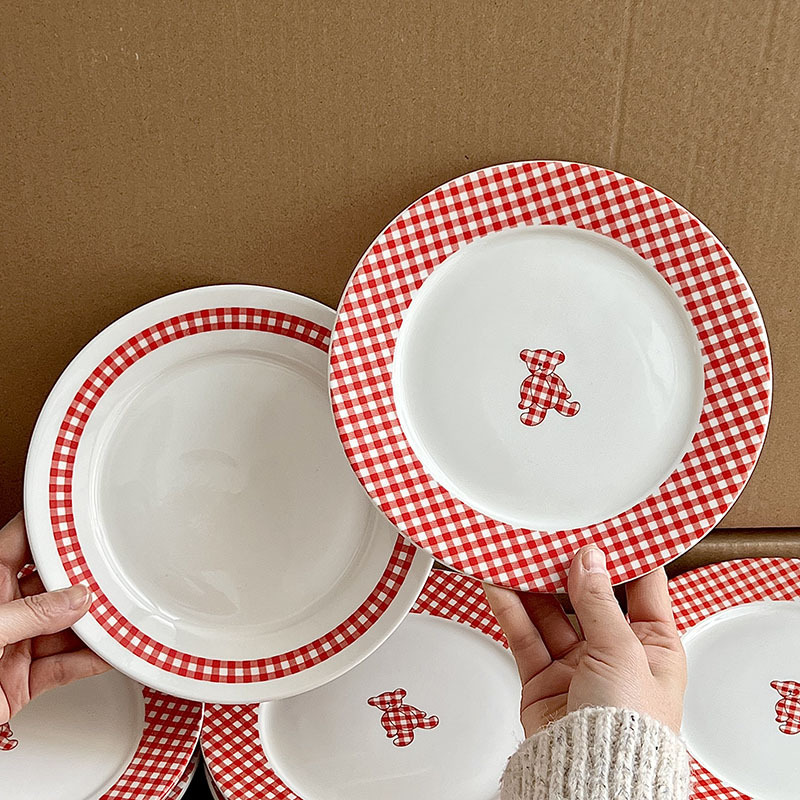 South Korea Ins Style Mesh Red Bear Ceramic Plate Creative Household Dish Plate Breakfast Plate Cake Dim Sum Plate South Korea Ins Style Mesh Red Bear Ceramic Plate Creative Household Dish Plate Breakfast Plate Cake Dim Sum Plate