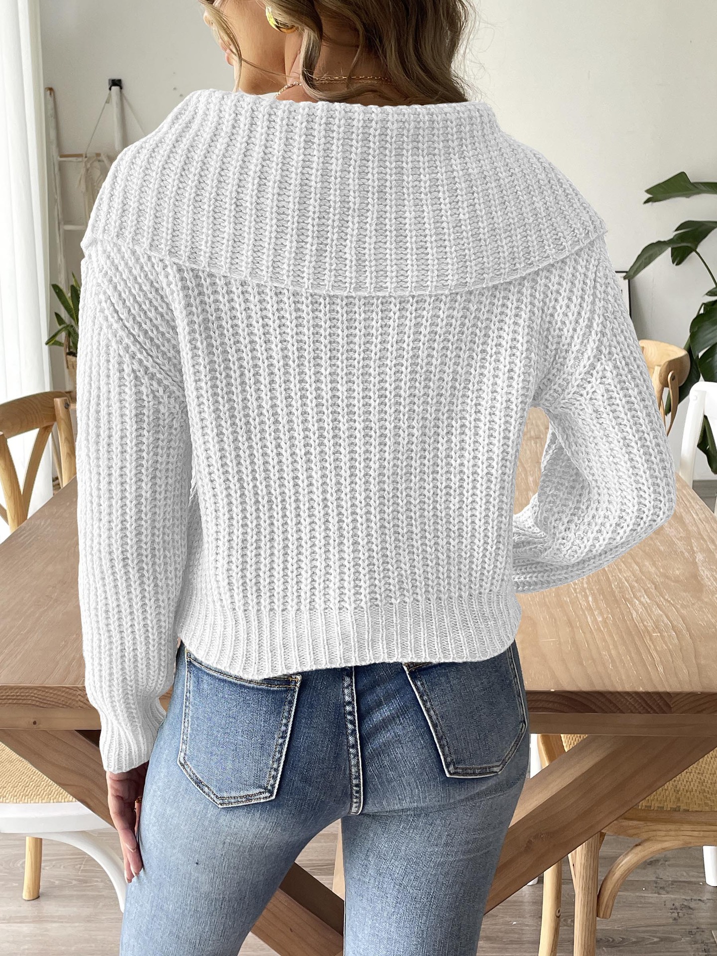 Women's Clothing Women's short tops hand crocheted stitching sweaters women's autumn and winter new large lapel pullover sweaters_voghion.com