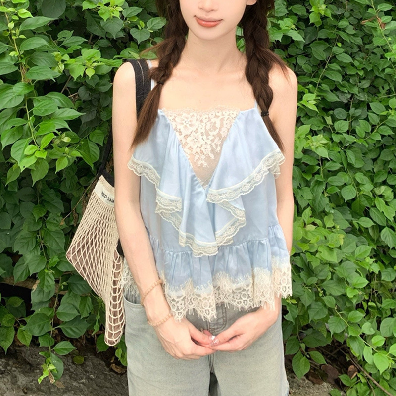 Gentle Light Misty Blue Early Morning Sea, First Love Feeling, Lyocell Satin Lace Trim Camisole for Women