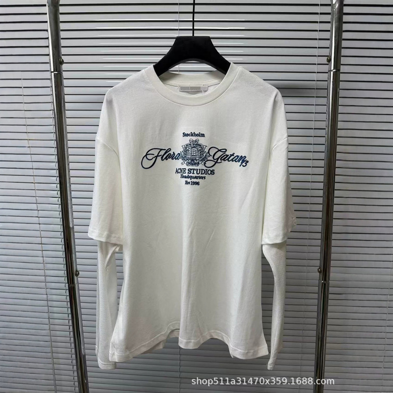 Nanyou Quality 26 Early Autumn New 1996 American Style Fake Two-Piece Embroidered Print Loose Round Neck Mesh Long Sleeve Women's Nanyou Quality 26 Early Autumn New 1996 American Style Fake Two-Piece Embroidered Print Loose Round Neck Mesh Long Sleeve Women's