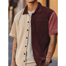 X 35823 Color block corduroy short shirt ײɫƴ�ӵ�о�޶���