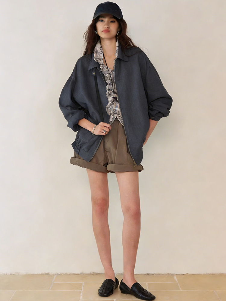 100% Linen Jacket, American Style, Spring, Loose Fit, Stand Collar, Zip-Up, Unisex, Casual, Old Money Style Jacket