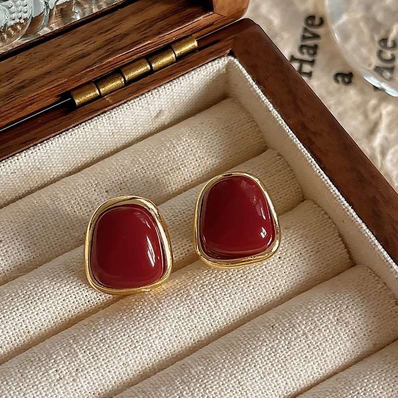 sku21_酒红色梯形耳针-925银针