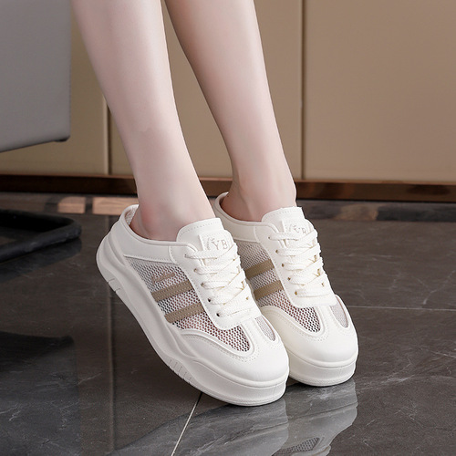 Half-slip white shoes for women, flat-soled outer wear, summer 2026 new casual mesh maternity toe slippers for women 5908-1