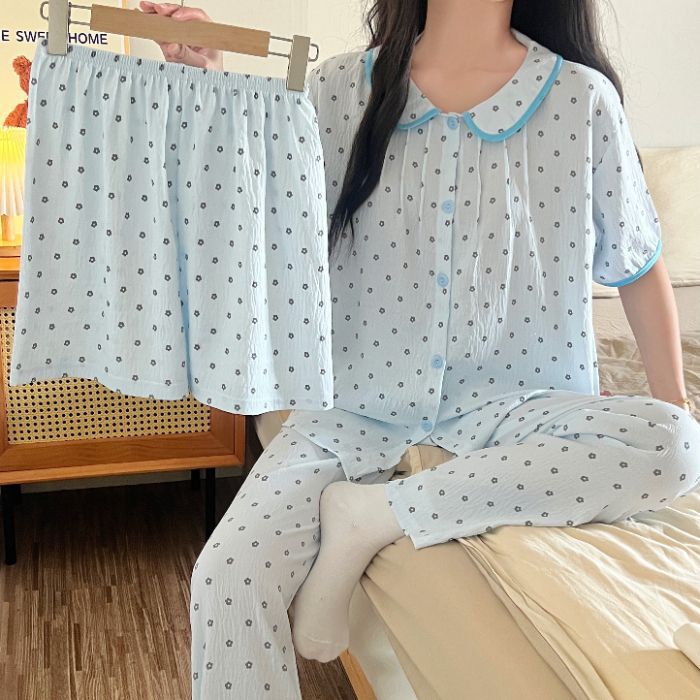 Venta al por mayor transfronteriza verano nube de algodón de tres piezas cárdigan con cuello de muñeca pantalones cortos de manga corta ropa a domicilio traje de pijama de mujer