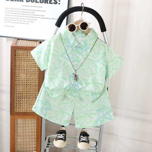 Ikat-dyed children's summer fashionable full-print Hong Kong-style shirt set for boys, trendy and stylish, Korean-style short sleeves