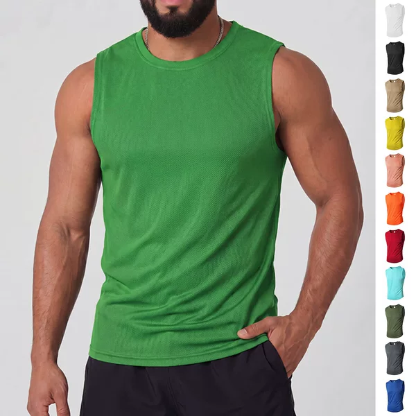 Cross-border men's summer sports casual muscle fitness mesh breathable quick-dry solid color sleeveless tank top for men