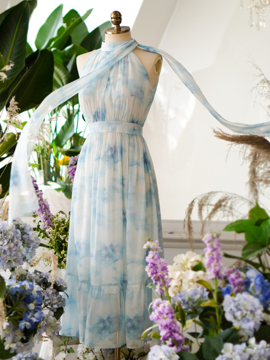 Womens Fairy New Sky Blue Chiffon Ruffle Sleeveless Hanging Neck Dress  A-line | eBay