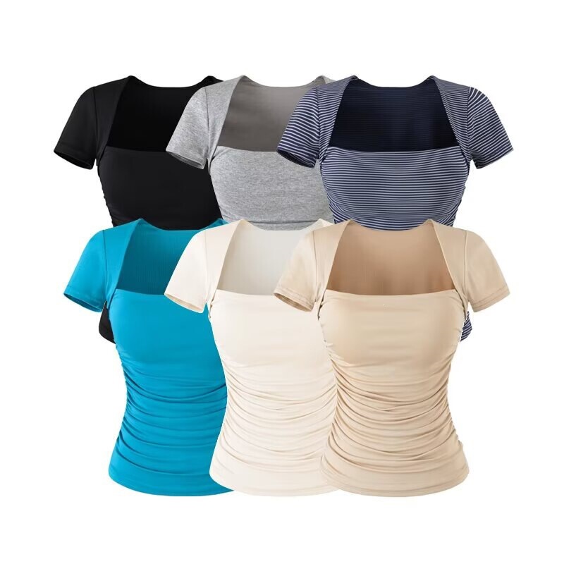 Square-Neck Stylish T-Shirt with Chest Pads, Waist-Cinching Short-Sleeve Top for Women, Summer Pure Desire Style, Slim-Fit Ruched Slimming Hot Girl Top