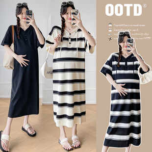 Maternity Wear 2025 Summer New Korean Style Fashionable Loose Elegant Slimming Look Pregnant Women Stripesd Casual Dress