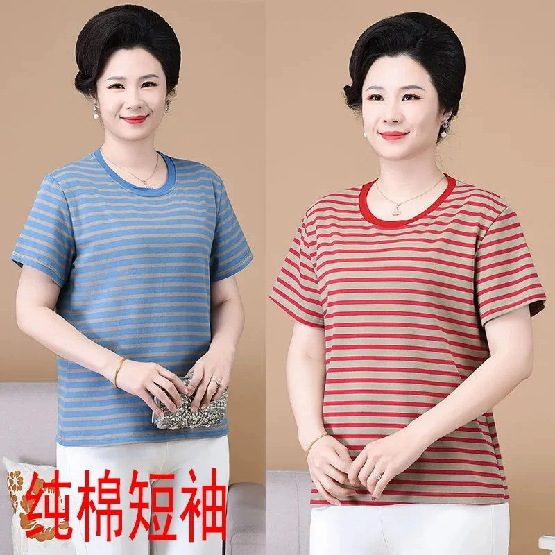 Хлопковая свободная облегающая футболка с коротким рукавом для мамы 2024 больших размеров, женский топ в полоску, закрывающий живот, летняя Универсальная футболка
