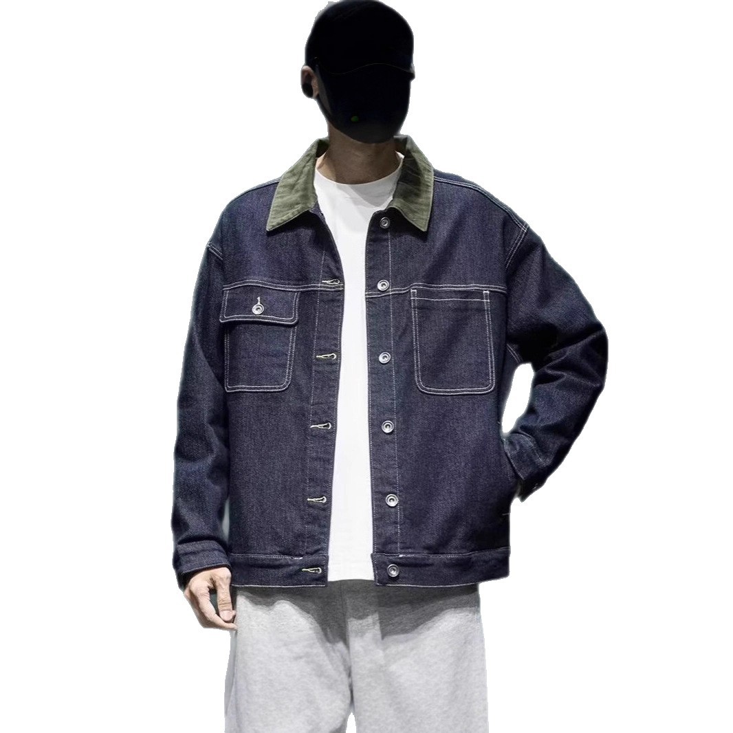 Retro-Jeansjacke in Dunkelblau, Herren, trendige Marke, lockere Passform, lässige Arbeitsjacke in Übergröße_voghion.com