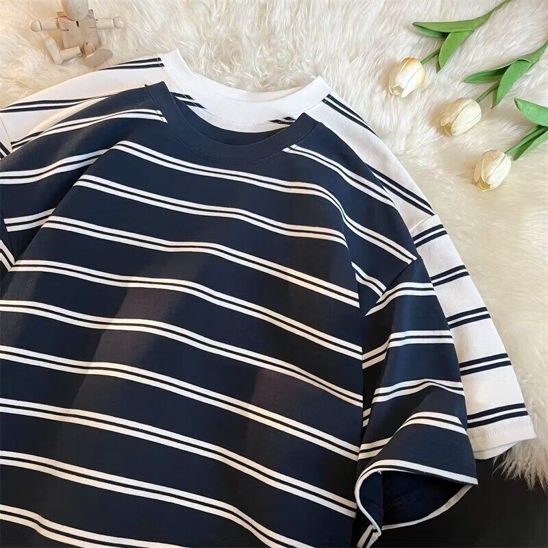 Japanese-Style New Cotton Black and White Striped Short-Sleeve T-Shirt for Men and Women, Summer Loose Casual Versatile Top Japanese-Style New Cotton Black and White Striped Short-Sleeve T-Shirt for Men and Women, Summer Loose Casual Versatile Top