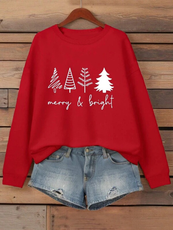 Happy Bright Christmas Tree Print Women's Sweatshirt Hip Hop O-Neck Pullover Autumn Loose Millennial Style