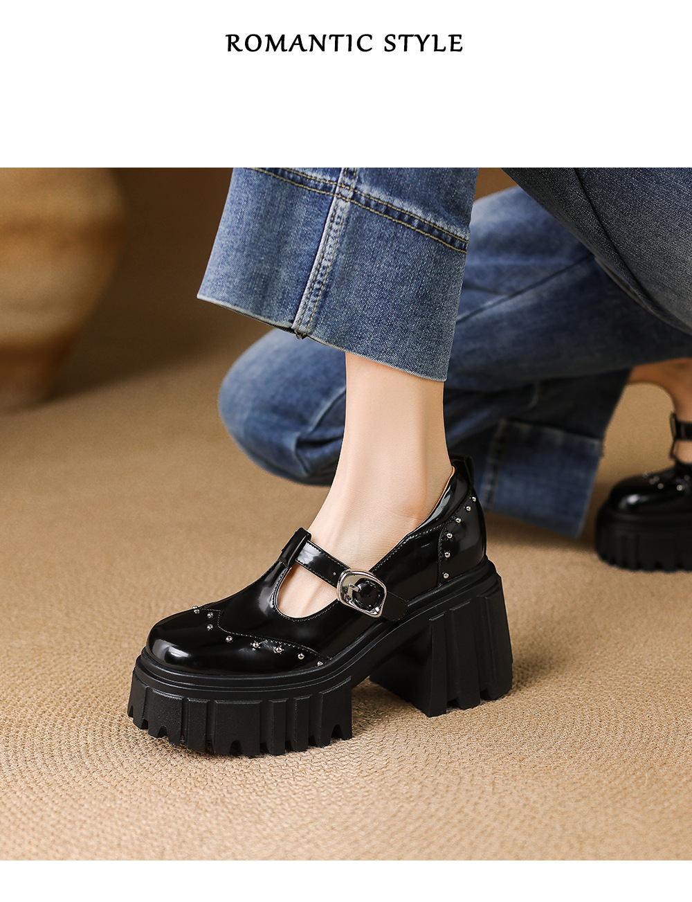 Giày Mary Jane cao gót da thật 9cm, đế bánh xốp, khóa chữ T, gót thô — Màu đen chi tiết 9