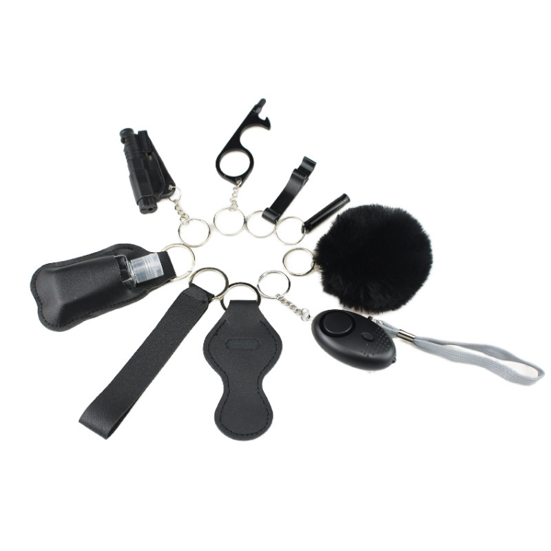 Cross-Border Exclusive Pu Leather DIY Outdoor Personal Safety Self-Defense Alarm Nine-Piece Keychain Set in Light Luxury Style