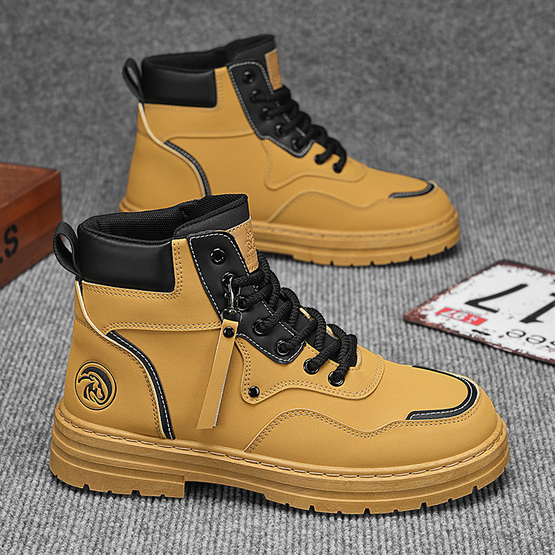 Autumn men's shoes High top British style work big yellow boots men's all-in-one platform ankle boots_voghion.com