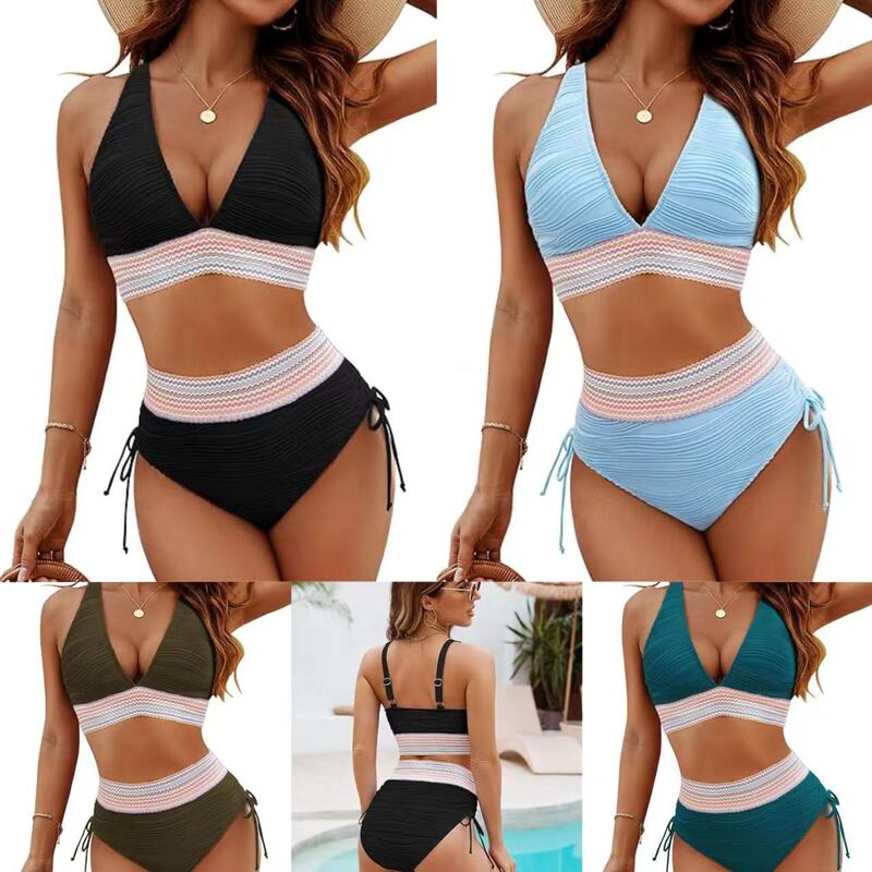 2025 Women's European and American Swimwear High Waist Bikini Split suit V-Neck Tether Bikini Gathered Amazon Hot