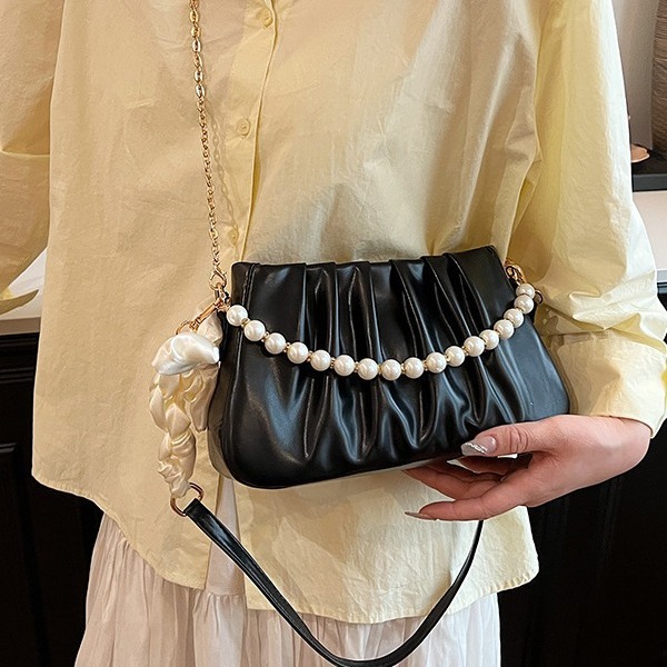 Light luxury ribbon armpit handbag 2024 new Korean style niche pleated shoulder bag for women fresh temperament beaded bag