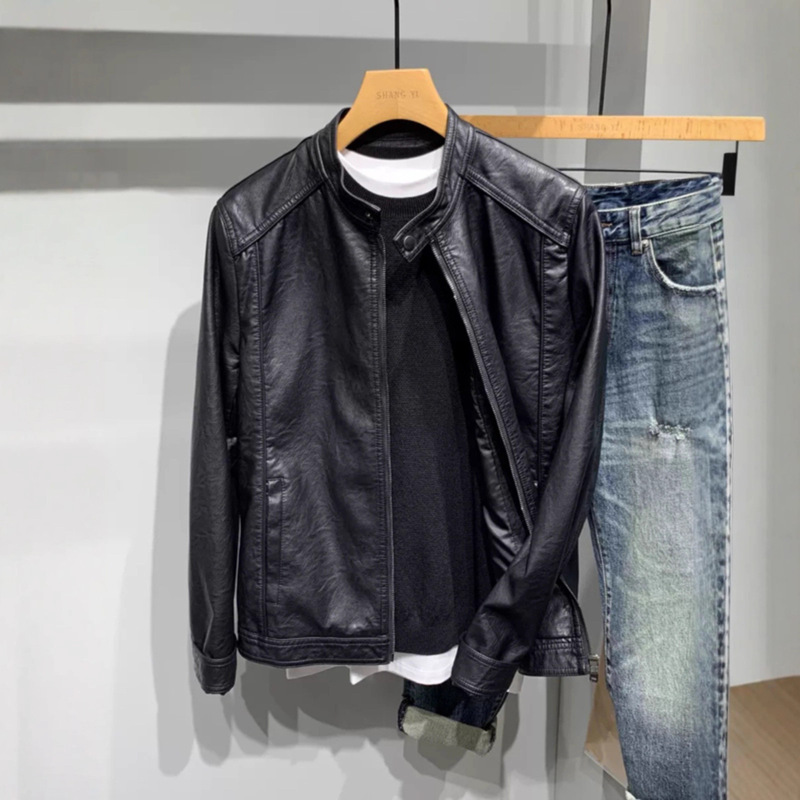 Men's Motorcycle Leather Jacket Autumn New Korean Style Trendy Slim Stylish Versatile Stand Collar Biker Leather Jacket
