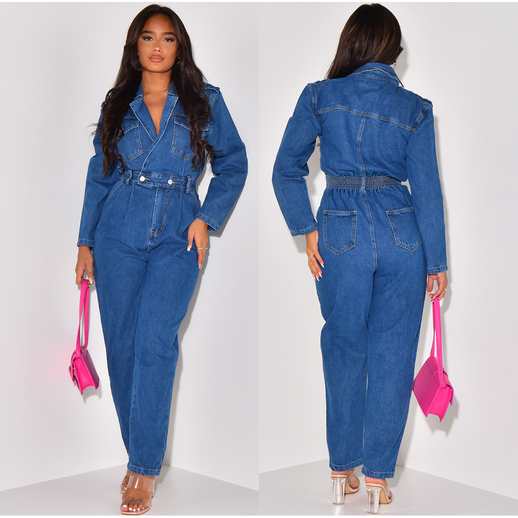 Women's Clothing ins Internet celebrity same style sexy suit collar denim jumpsuit in stock_voghion.com