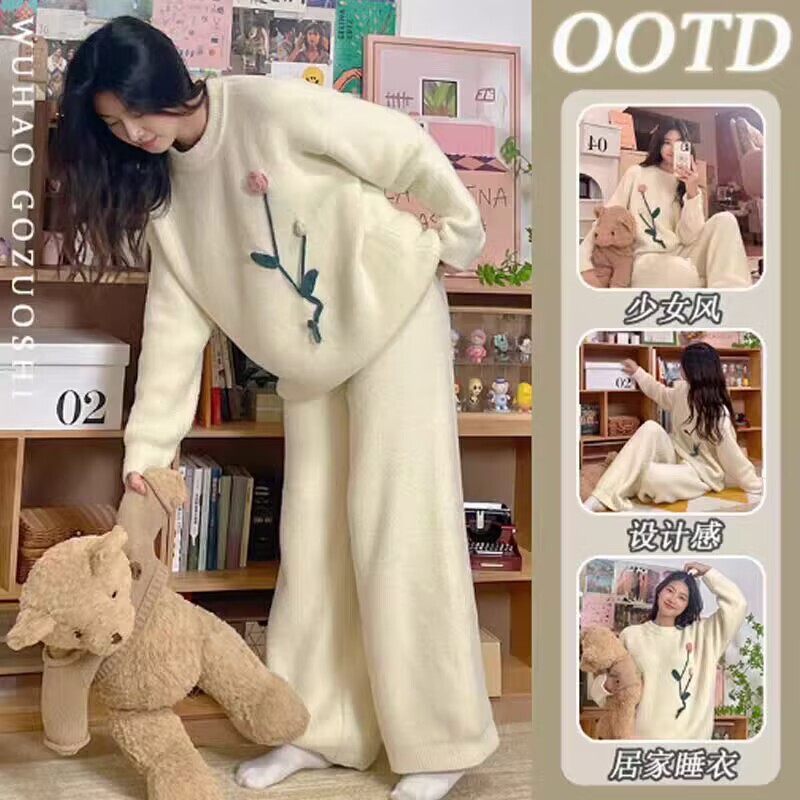套头睡衣女秋冬季半边绒加厚款新款可爱学生法兰绒家居服套装外穿|undefined