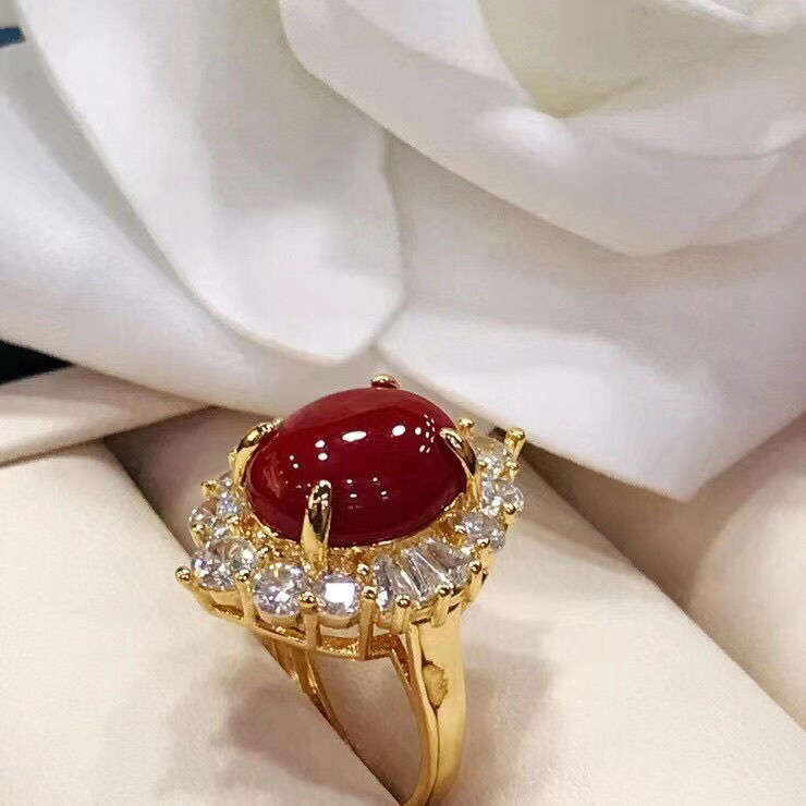 Anillo de coral de 18k de diamantes hechos a mano, anillo de moda chapado en oro, tendencia de madres, ventas calientes.
